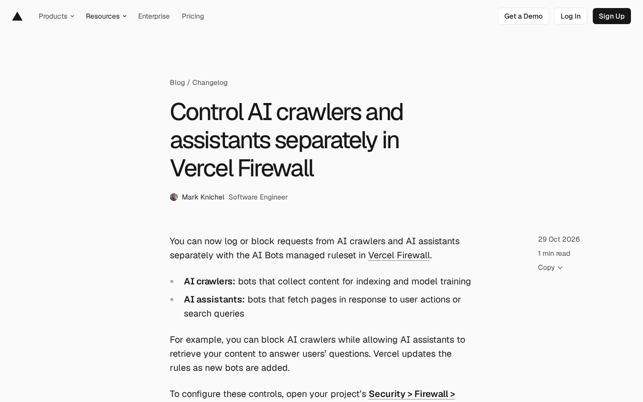 Vercel Firewall New Feature: Manage AI Crawlers and AI Assistants Separately