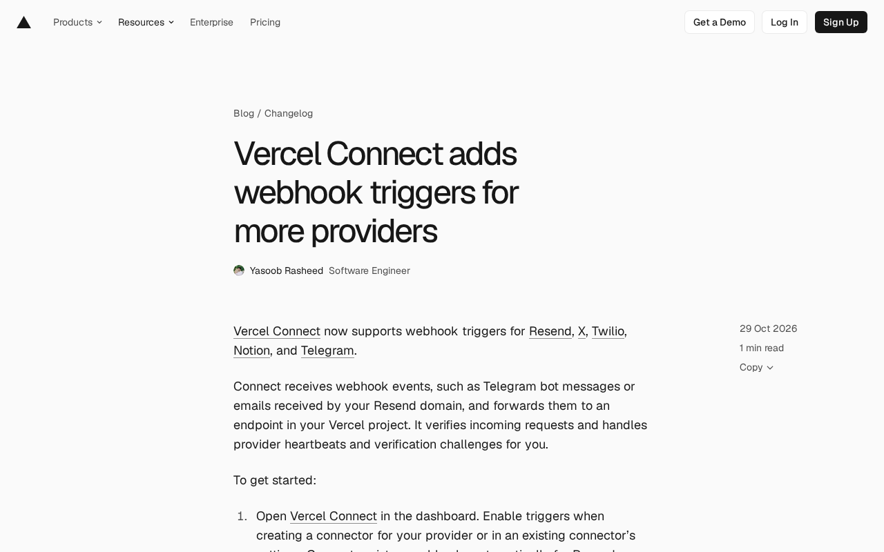 Vercel Connect Expands Webhook Triggers: Adds Resend, X, and Three Other Providers