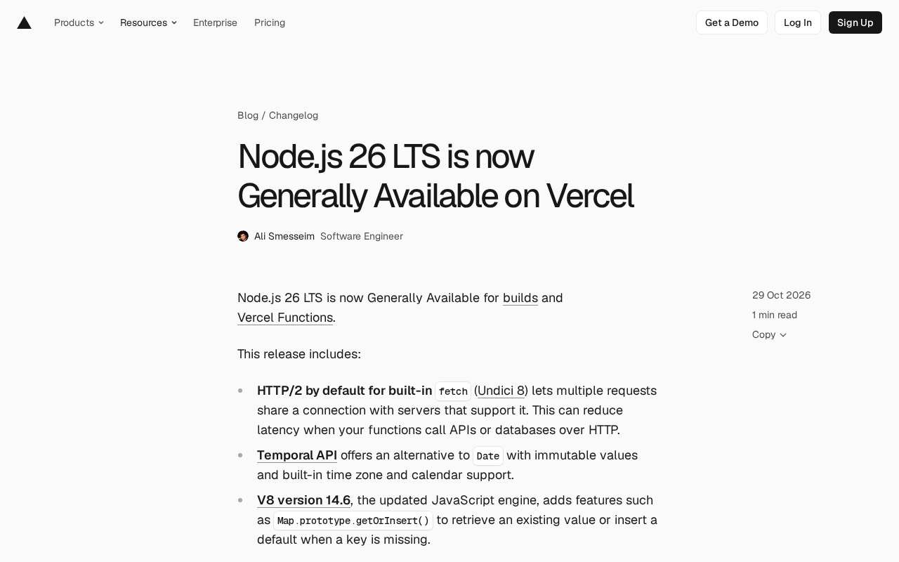 Node.js 26 LTS Lands on Vercel: HTTP/2 by Default and the Temporal API
