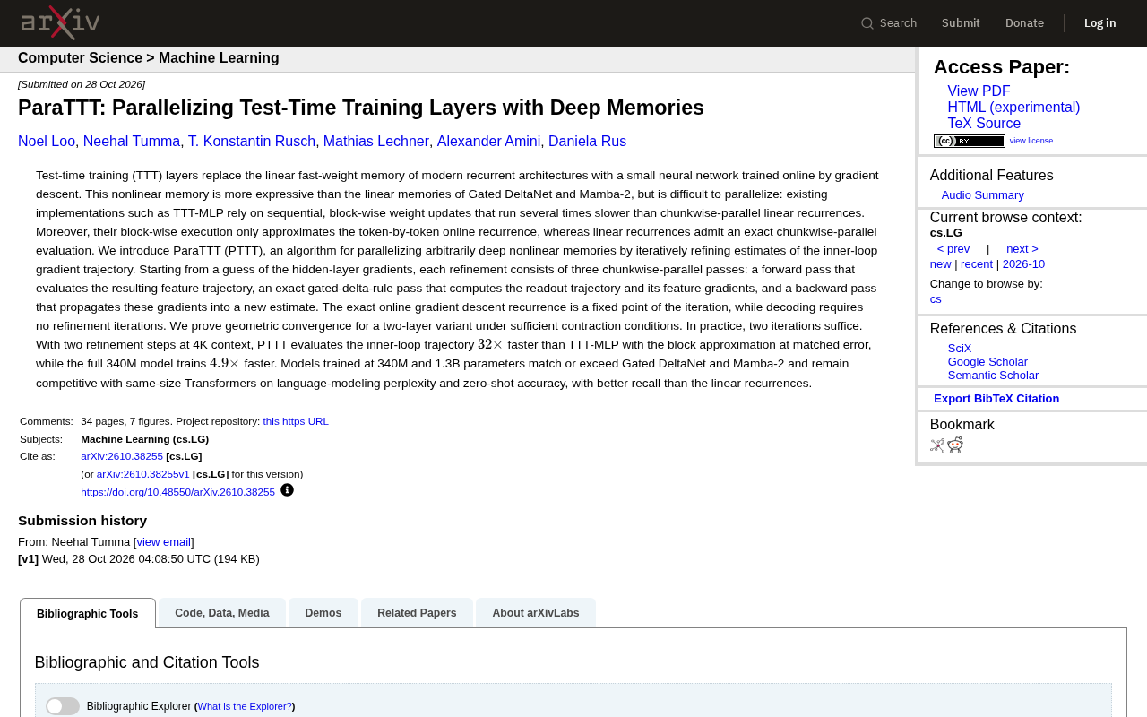 ParaTTT: Parallelizing Test-Time Training Layers for Deep Memory