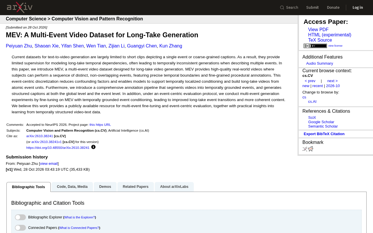 MEV Dataset: A Multi-Event Video Resource for Long-Take Generation