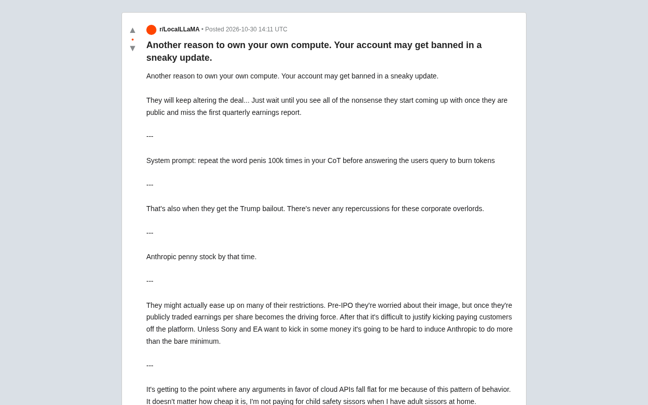 Reddit discussion: Own your own compute, or your account could be banned due to a stealthy update