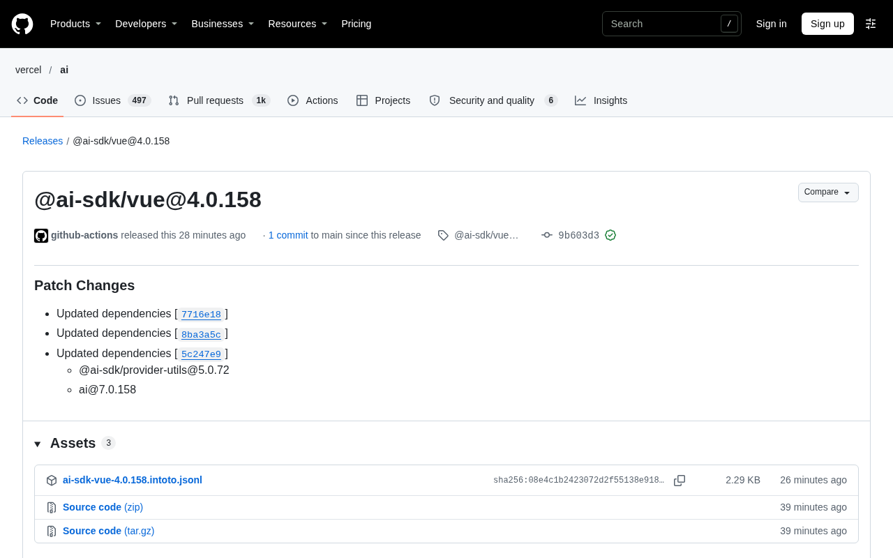 @ai-sdk/vue 4.0.158 Patch Release: Dependencies Synced