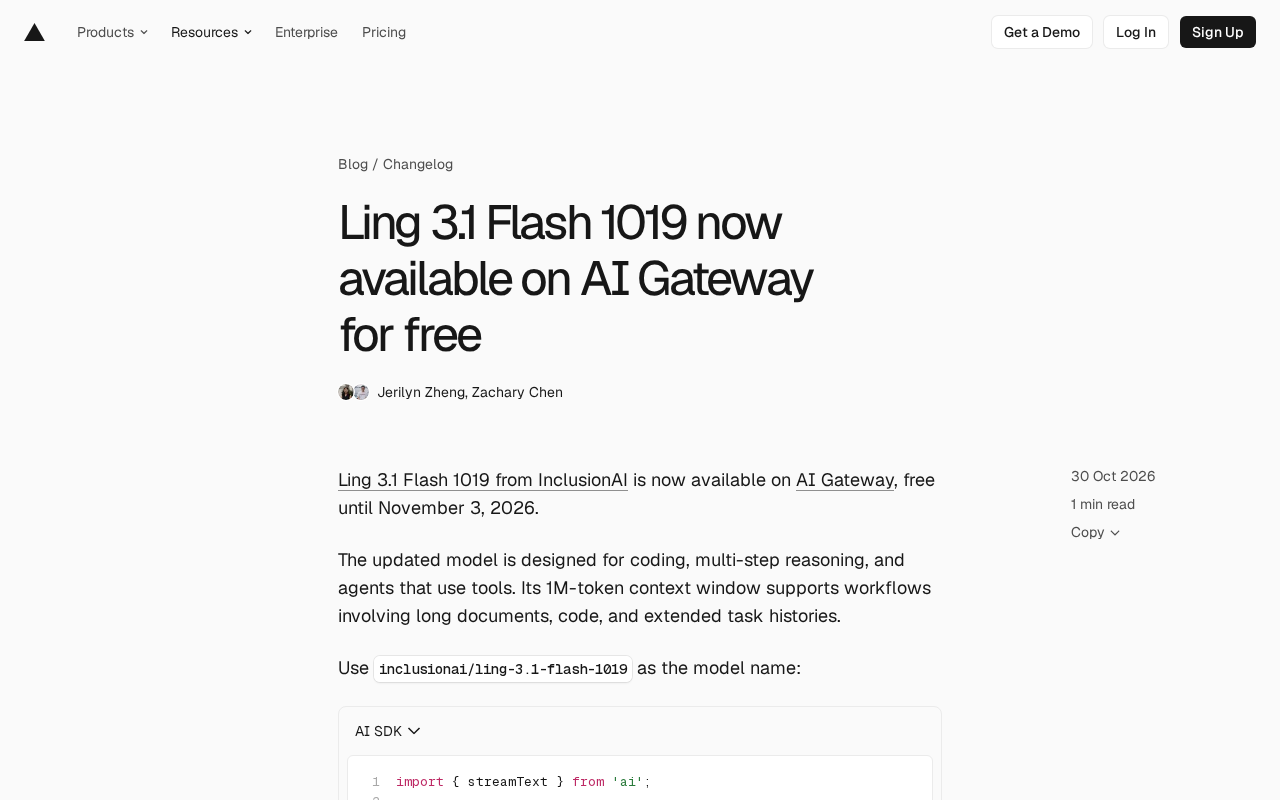 Ling 3.1 Flash 1019免费上线AI Gateway