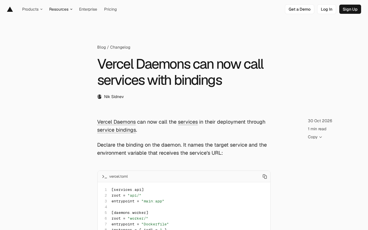 Vercel Daemons Adds Service Bindings: Direct Access to Private Services
