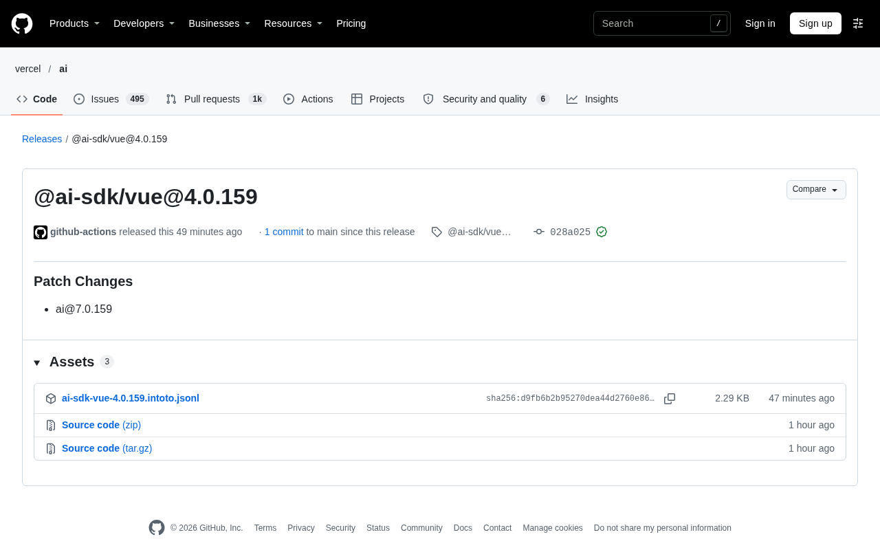 AI SDK Vue Patch Release Syncs with ai Core Package