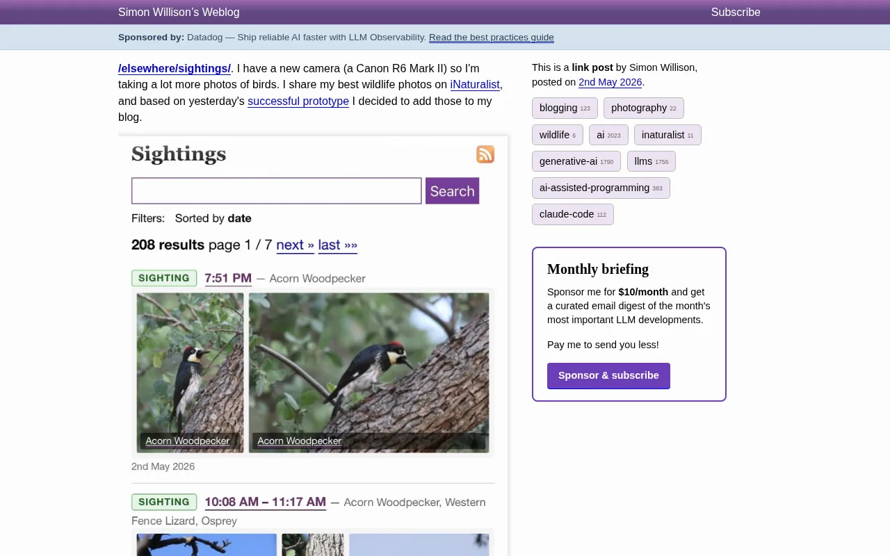Simon Willison Built a Wildlife Sightings Feature for His Blog Using Claude Code on His Phone