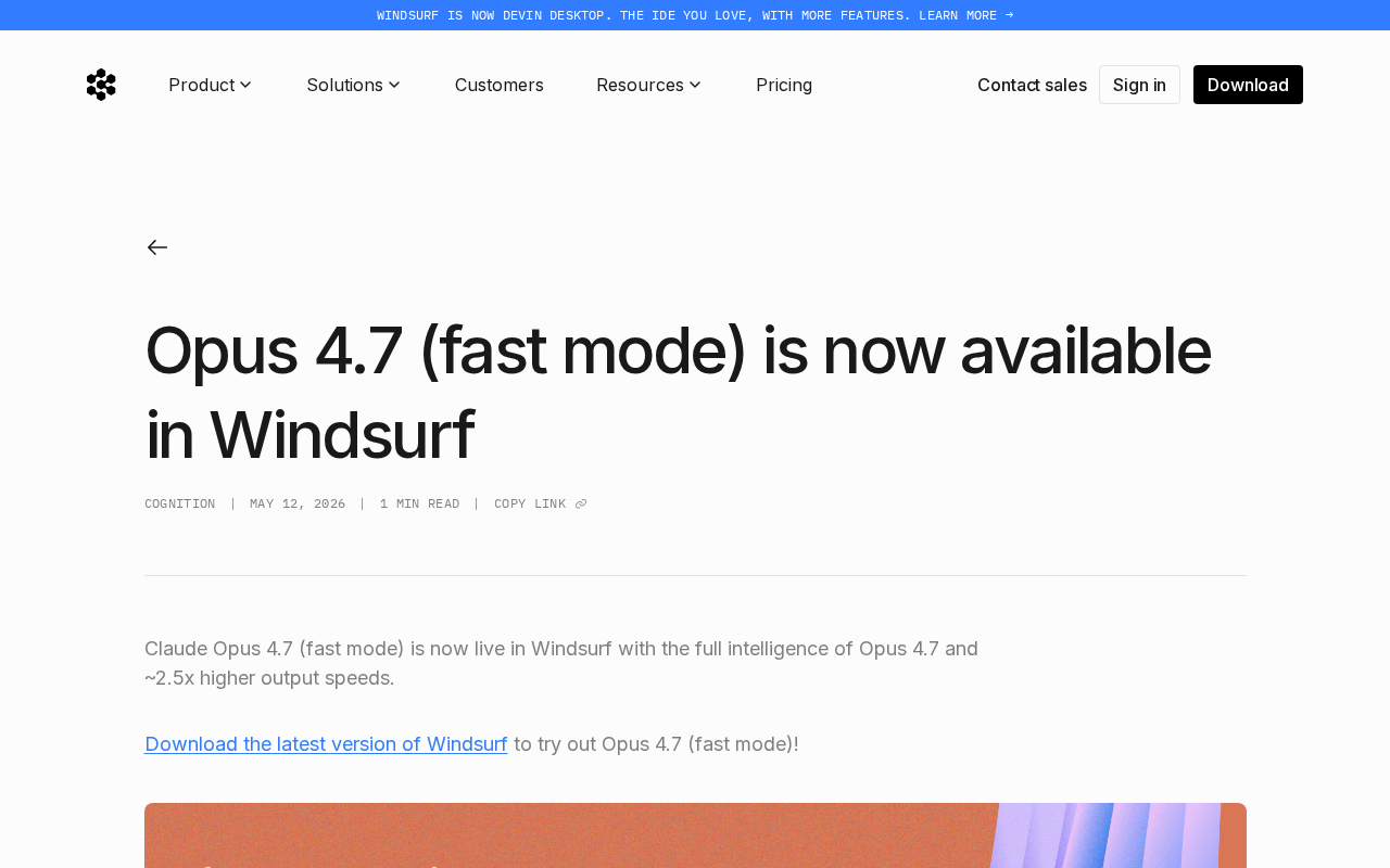 Opus 4.7快速模式登陆Windsurf:速度提升2.5倍,智能不减
