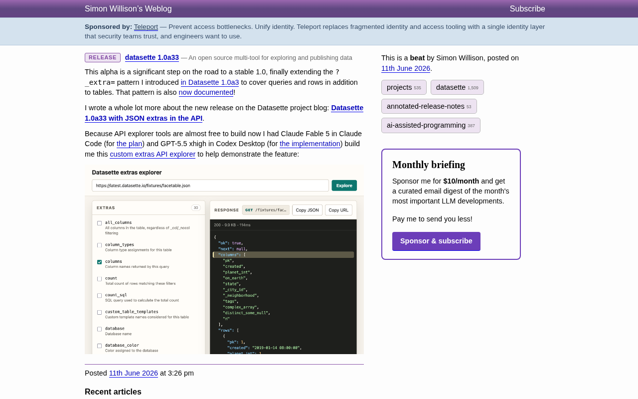 Datasette 1.0a33发布:JSON Extras API全面扩展与AI辅助开发实践
