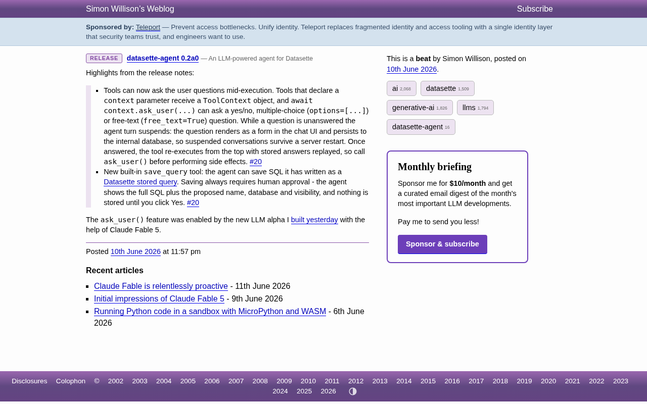 Datasette Agent 0.2a0: A New Mechanism for AI Agents to Ask Users Questions During Tool Execution